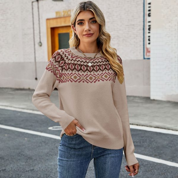 Fall Winter new style vintage jacquard color blocking knitted jumper Elegant loose pullover sweater