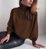 Hot selling women winter solid color puffy sleeve turtleneck fashion short knitwear casual sweater