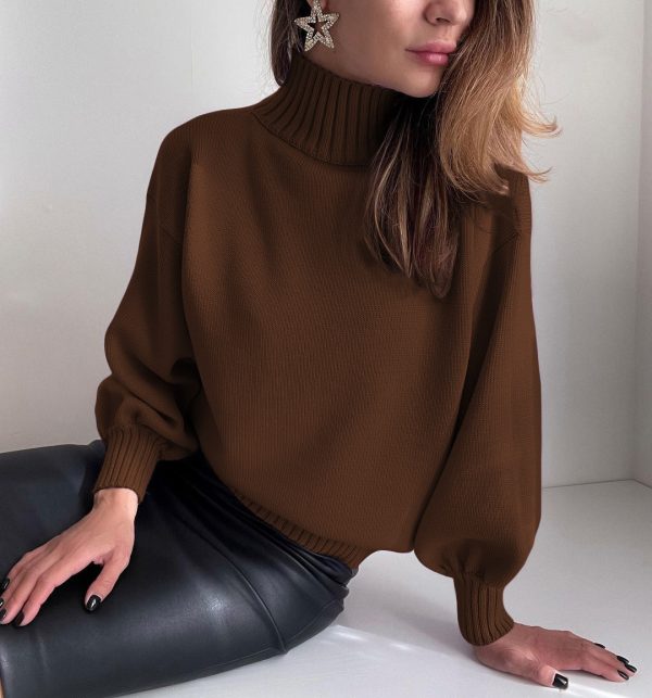 Hot selling women winter solid color puffy sleeve turtleneck fashion short knitwear casual sweater