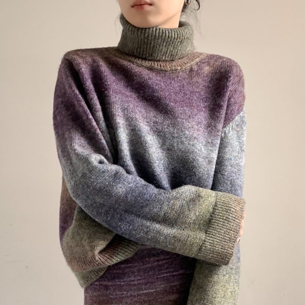 New design stylish wool knitted knitwear high neck loose lazy gradient purple elegant women sweaters