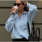 High quality turn down collar solid color pure color jumper mujer women casual pullover INS style sweater