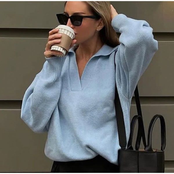 High quality turn down collar solid color pure color jumper mujer women casual pullover INS style sweater
