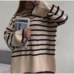 high neck striped loose knitwear women elegant side split contrast color sweaters for women