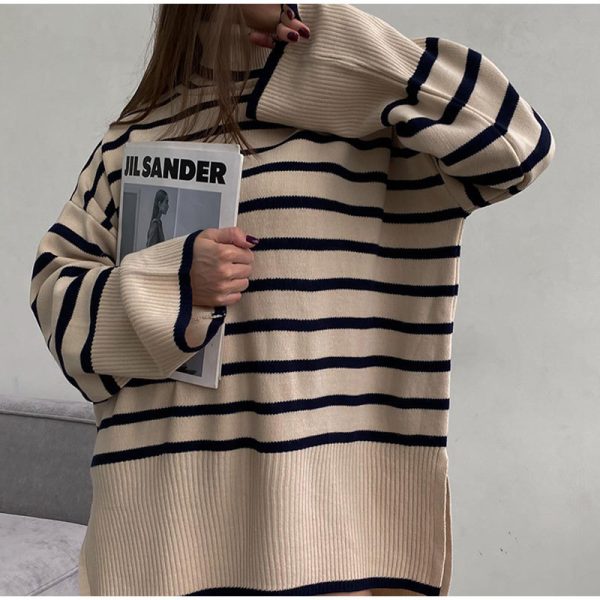 high neck striped loose knitwear women elegant side split contrast color sweaters for women