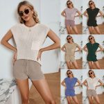 Trending Fashion Loose summer casual set pocket solid color sweater high waist shorts 2 piece matching outfits for women