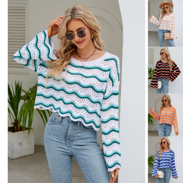 round neck striped sweaters women pullover oversize hollow out wave edge beach wear jumper mujer