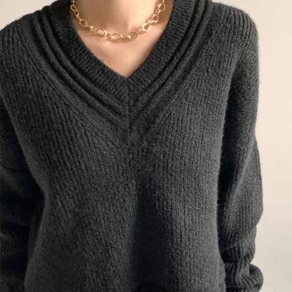 Retro Winter Plain Carmine Fashionable Knitwear Oversize v neck Thicken sweater mujer 20262