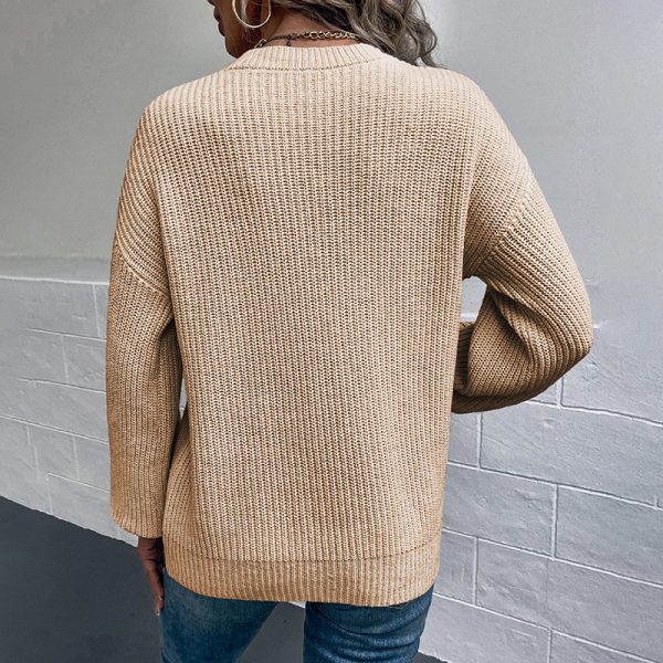 round neck solid color knitwear women lantern sleeve casual pullover sweaters