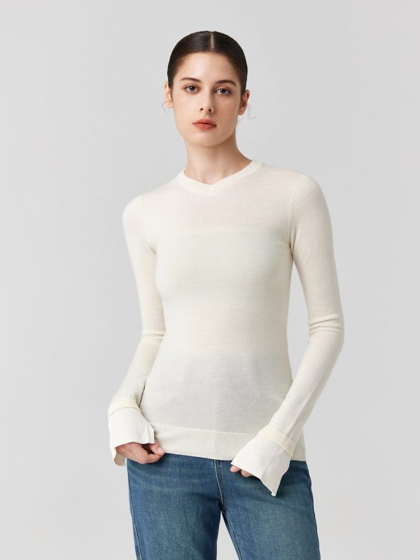 Merino Wool small V-neck knitwear Autumn winter silk wool elegant sweaters knitted basic sweaters top