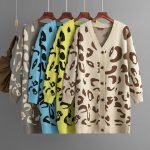 Knitwear deep v neck leopard pattern sweaters coat oversize lengthen women jacquard cardigans