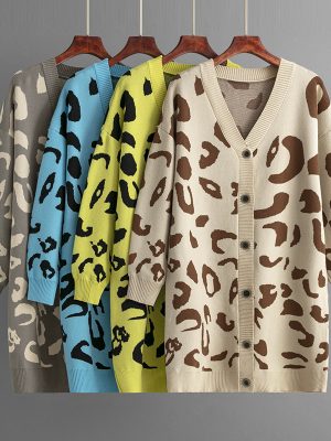 Knitwear deep v neck leopard pattern sweaters coat oversize lengthen women jacquard cardigans