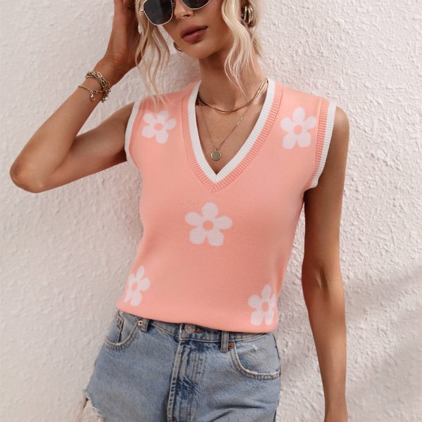Hot sales flower print v neck women knitwear color blocking elegant v neck knitted sleeveless sweater
