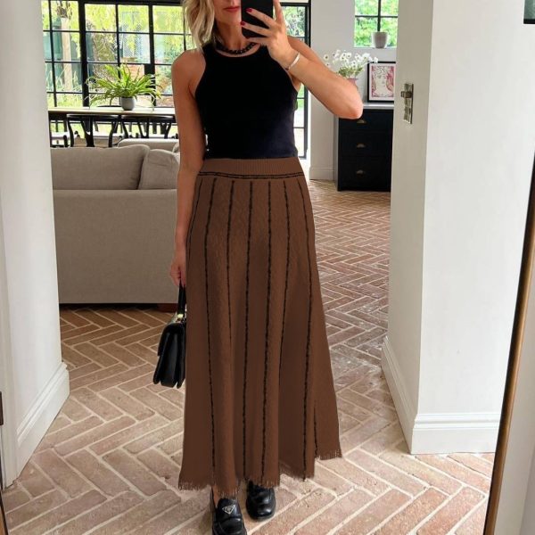 hot selling high waist knitted midi skirts elastic women elegant tassel A-line striped dress