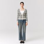 Knitwear Black white striped Merino wool elegant sweater coat Double Breasted gold cardigans women