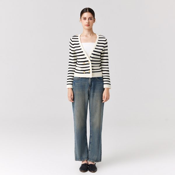 Knitwear Black white striped Merino wool elegant sweater coat Double Breasted gold cardigans women