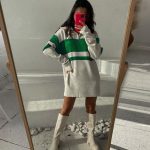 Turn down collar striped knitwear color blocking loose pullover casual women mini half zipper dress