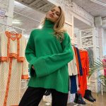 hot selling high neck solid color pullover knitwear women long oversize knit split casual sweaters