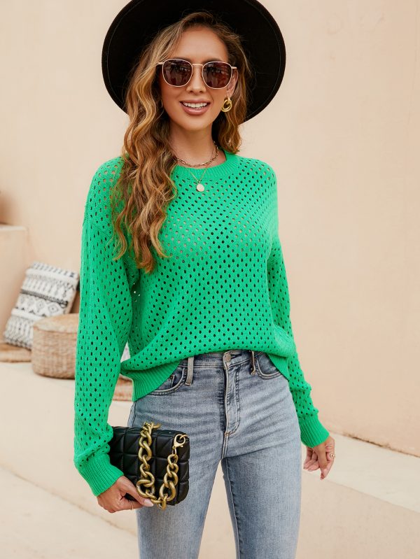Autumn winter basic jumpers hollow out see through knitwear round neck casual pullover solid color sweaters for women