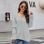 clothing V-neck casual pullover sweater women fashion solid color casual loose long-sleeve jumpers mujer