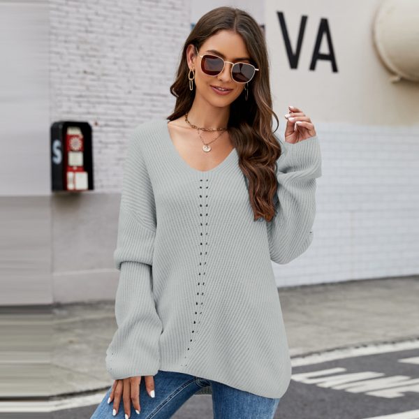 clothing V-neck casual pullover sweater women fashion solid color casual loose long-sleeve jumpers mujer