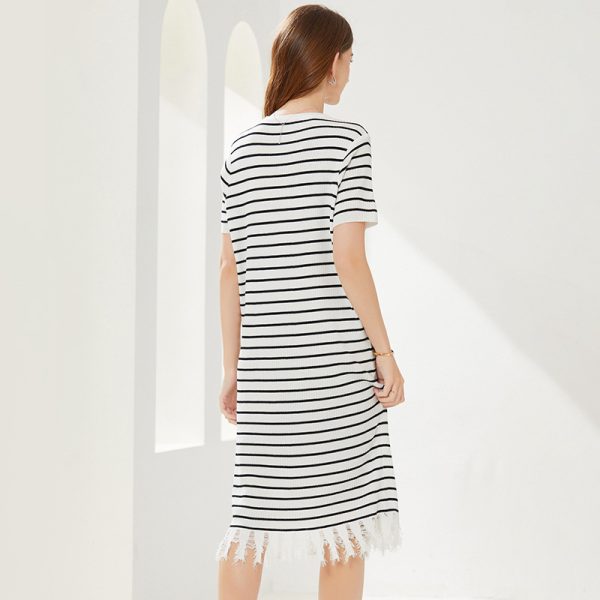 spring summer round neck pullover loose knitwear midi women casual striped knitted dress with tassel
