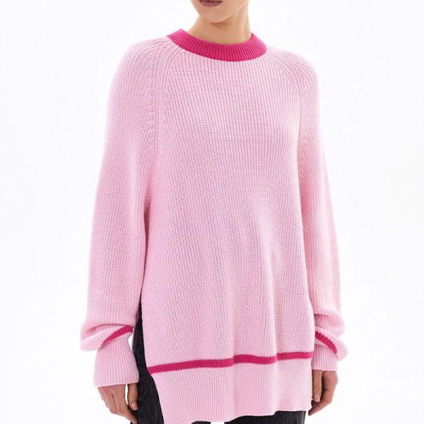 clothing autumn winter o neck oversize jumpers pullover elegant side split stripe sweaters for women