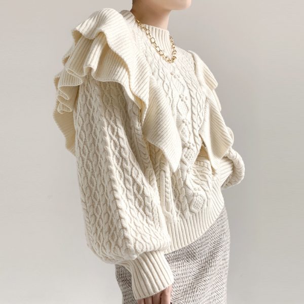 pure color puff sleeve women knitwear elegant pullover double layer cable knit top knitted sweater