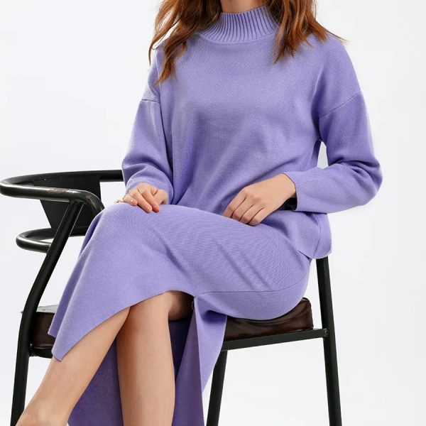 autumn winter casual loose knitted dress high waist side split two piece skirts set elegant women sweater outfits