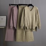 Trending Fashion V neck oversize cable sweaters wide leg pants elegant knitted loungewear women two piece pants set