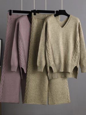 Trending Fashion V neck oversize cable sweaters wide leg pants elegant knitted loungewear women two piece pants set