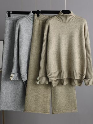 Trending Fashion rolled neck sweaters wide leg pants 2 piece set women knitted winter autumn casual streetwear