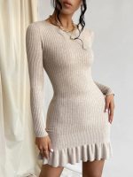 High quality women fashion pullover pure color round neck sexy slim fit ruffles bodycon knitted short dress