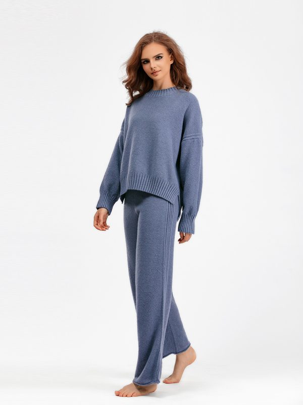 Knitwear o- neck ribbed pullover sweater 2 piece sets women wide leg pants oversize casual knitted outfits