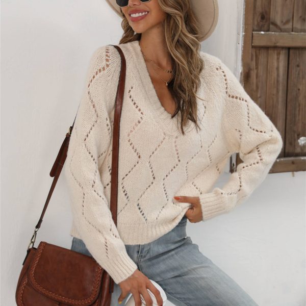 hot selling v neck pure color hollow out knitwear women pullover oversize short sweaters