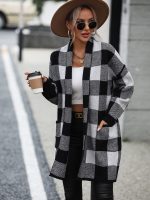 Hot selling oversize women knitwear matching color knitted sweaters fall winter plaid cardigans