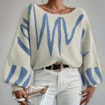 Autumn winter lantern sleeve jumpers crew neck oversize women off shoulder fashion sweaters