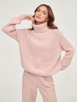 New arrivals rolled collar knitwear lantern sleeve knitted pure color tops oversize pullover casual sweaters women