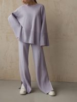 High Quality pure color twinset Oversize knitwear women casual side split knitted 2 piece matching outfits