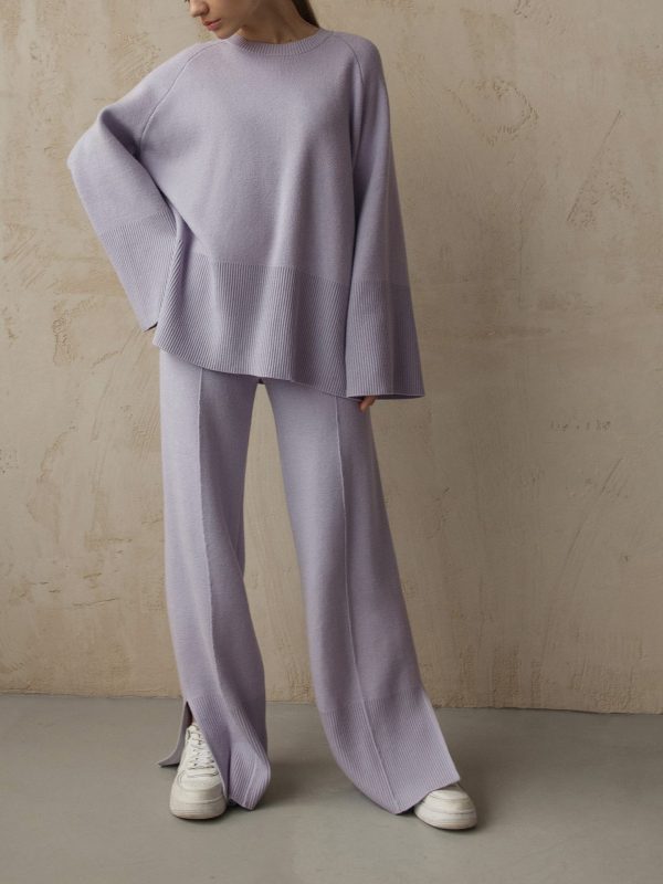 High Quality pure color twinset Oversize knitwear women casual side split knitted 2 piece matching outfits