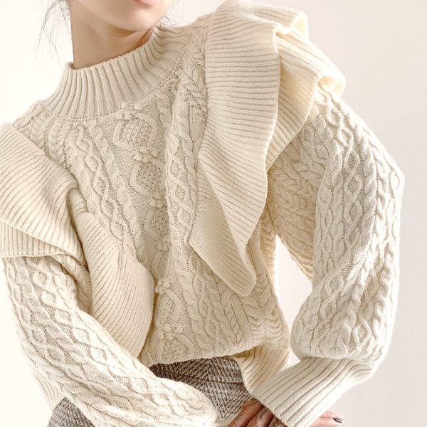 pure color puff sleeve women knitwear elegant pullover double layer cable knit top knitted sweater
