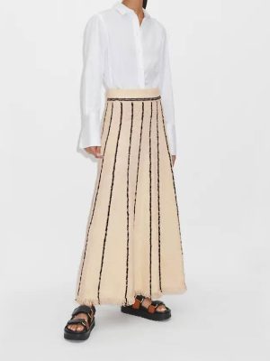 hot selling high waist knitted midi skirts elastic women elegant tassel A-line striped dress