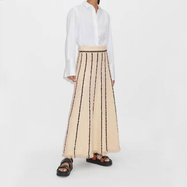 hot selling high waist knitted midi skirts elastic women elegant tassel A-line striped dress