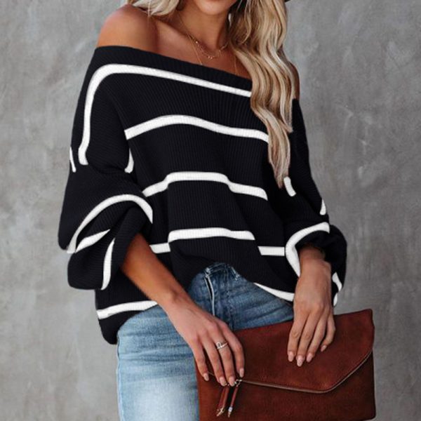 Trending fashion women off shoulder knitwear striped jumper mujer pullover elegant fall winter sweaters
