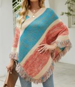 2026 new arrivals Color blocking knitwear striped knitted cape fashion V neck women tassel shawl