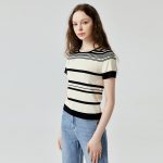 High quality casual color blocking thin knitwear striped jumper mujer short sleeve o-neck summer knitted sweaters