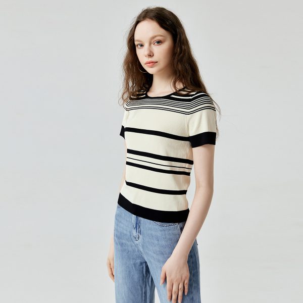 High quality casual color blocking thin knitwear striped jumper mujer short sleeve o-neck summer knitted sweaters