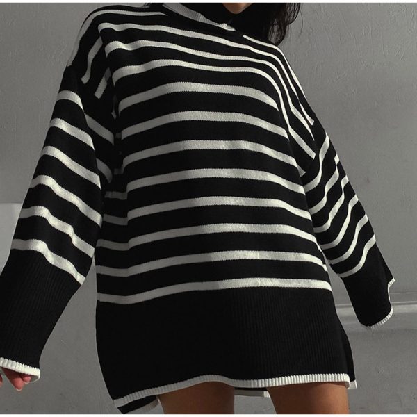 high neck striped loose knitwear women elegant side split contrast color sweaters for women