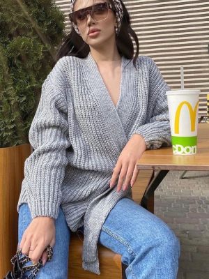 Fall winter v neck lace up knitwear thicken pure color oversize cardigans women sweaters coat