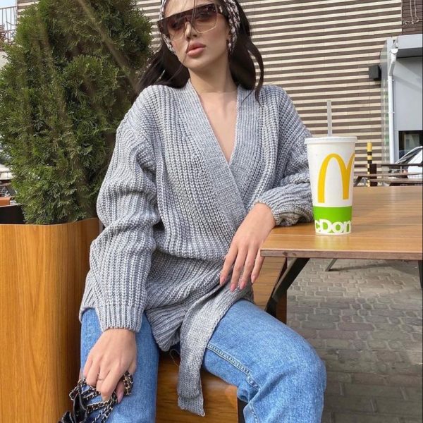 Fall winter v neck lace up knitwear thicken pure color oversize cardigans women sweaters coat