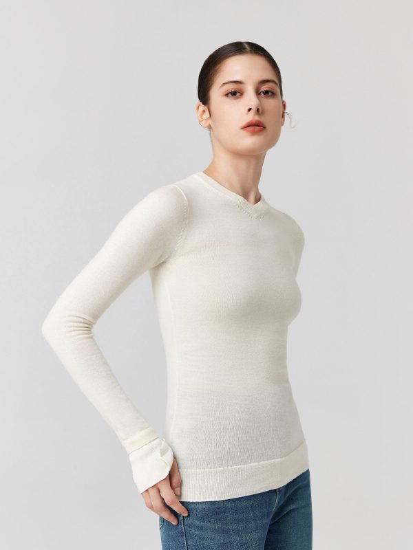 Merino Wool small V-neck knitwear Autumn winter silk wool elegant sweaters knitted basic sweaters top